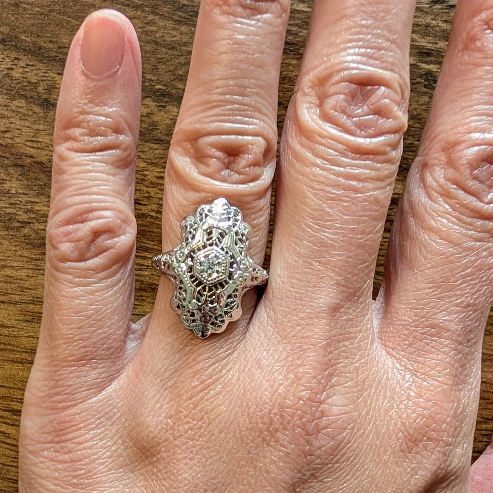 Art Deco Inspired Diamond Filigree Cocktail Ring in 14k White Gold Size 4 - Picture 2 of 6